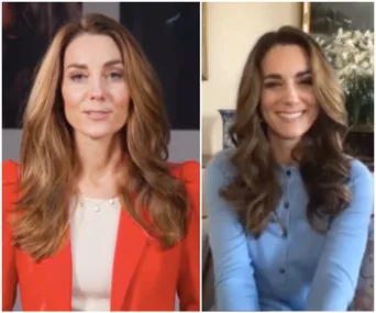 Royal woman wearing red jacket in one video call, smiling in blue outfit in another.