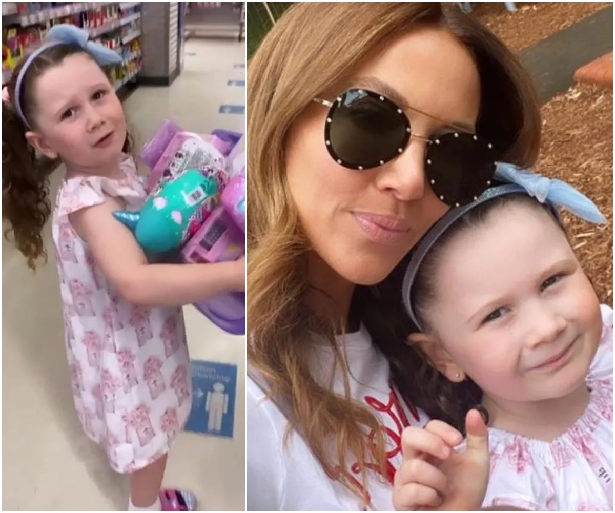 Young girl shopping with toys; mother and daughter selfie with sunglasses and blue headbands, outdoors.