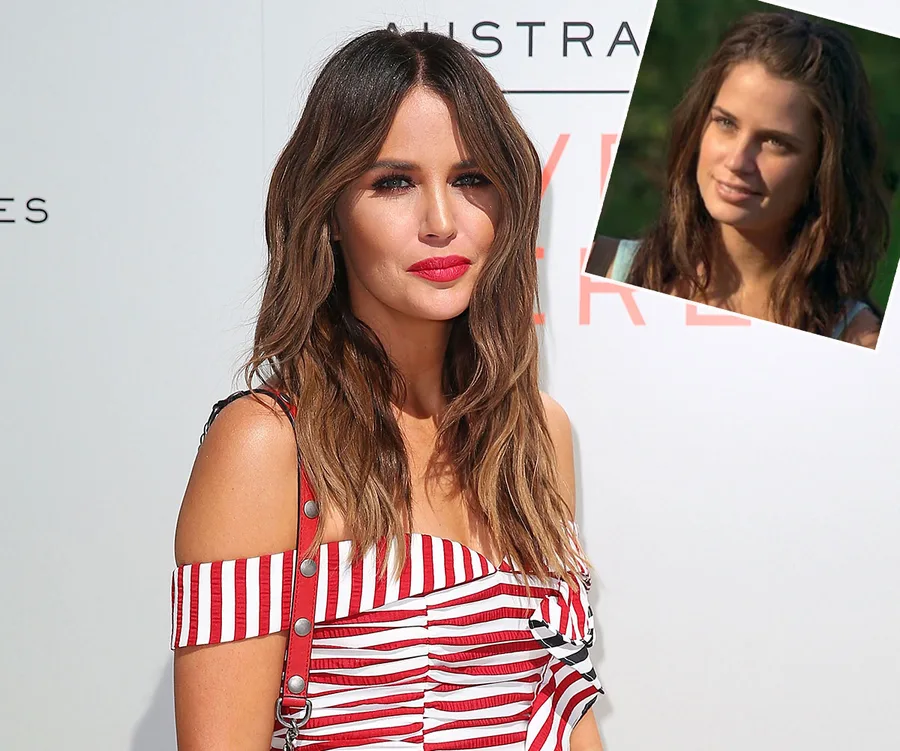 Woman in striped dress at event, with inset image of her in a TV scene, possibly related to "Home and Away."