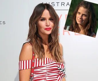Woman in striped dress at event, with inset image of her in a TV scene, possibly related to "Home and Away."