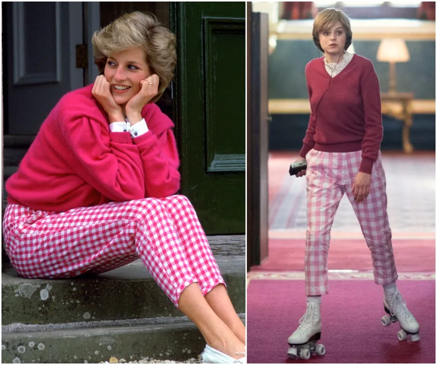 "Princess Diana in a pink sweater and checkered pants, paralleled by a similar outfit worn by Emma Corrin on roller skates."