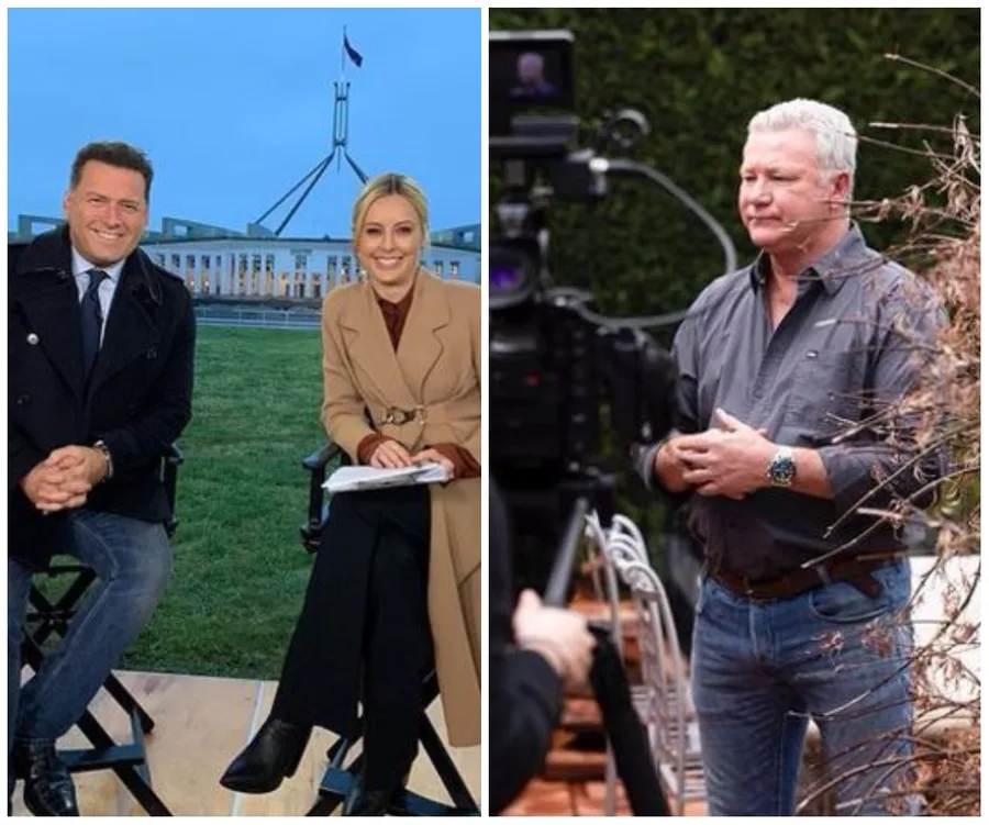 Two TV presenters sitting outside Parliament; a man standing in front of a camera in a garden setting.