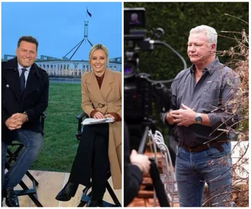 Two TV presenters sitting outside Parliament; a man standing in front of a camera in a garden setting.