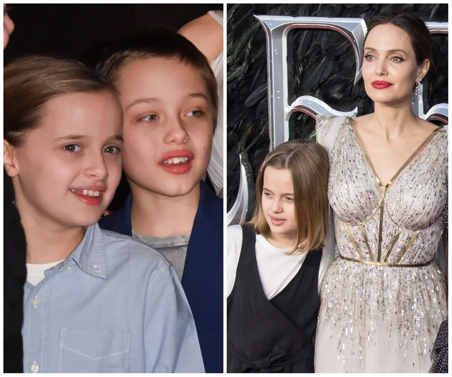 Twins posing together on the left; child with woman in embellished gown on the right at a red carpet event.