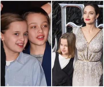 Twins posing together on the left; child with woman in embellished gown on the right at a red carpet event.