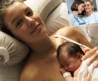 Mother smiling with newborn baby resting on her chest; inset shows two women smiling affectionately together.