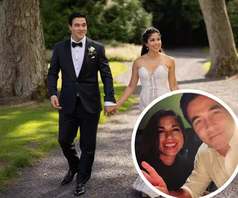 Wedding couple walking outside; inset shows the couple smiling indoors.