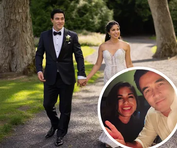Wedding couple walking outside; inset shows the couple smiling indoors.