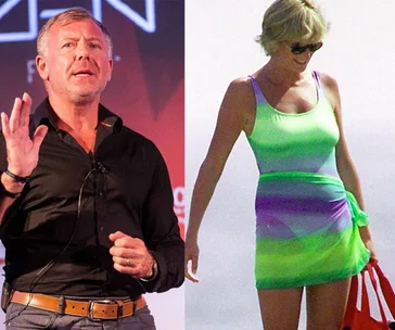 Two photos side by side: a man in a black shirt gestures, and a woman in a green dress walks on a beach.