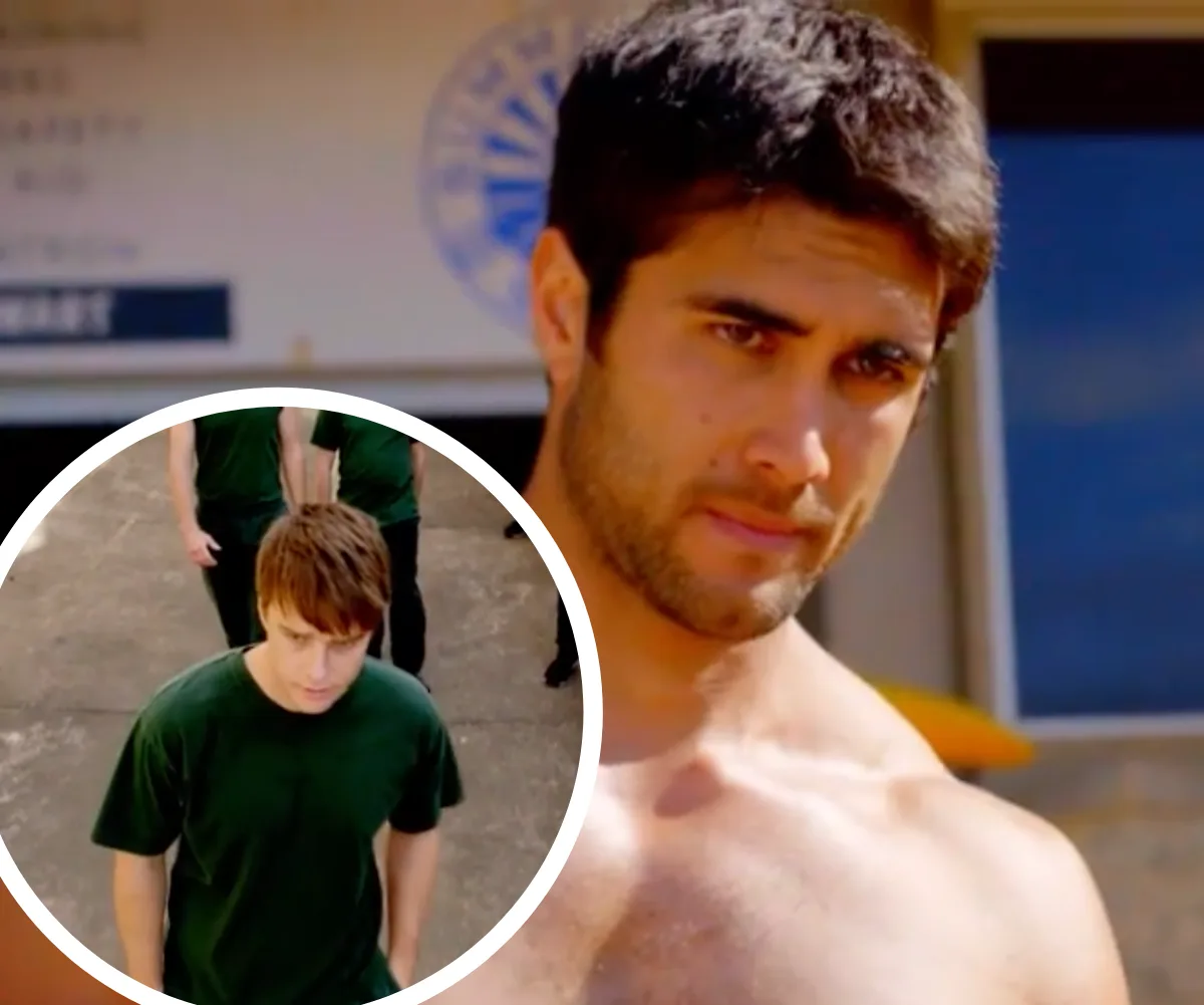 A shirtless man stands sternly outside, with an inset showing another young man walking outside in a green shirt.