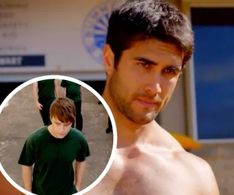 A shirtless man stands sternly outside, with an inset showing another young man walking outside in a green shirt.
