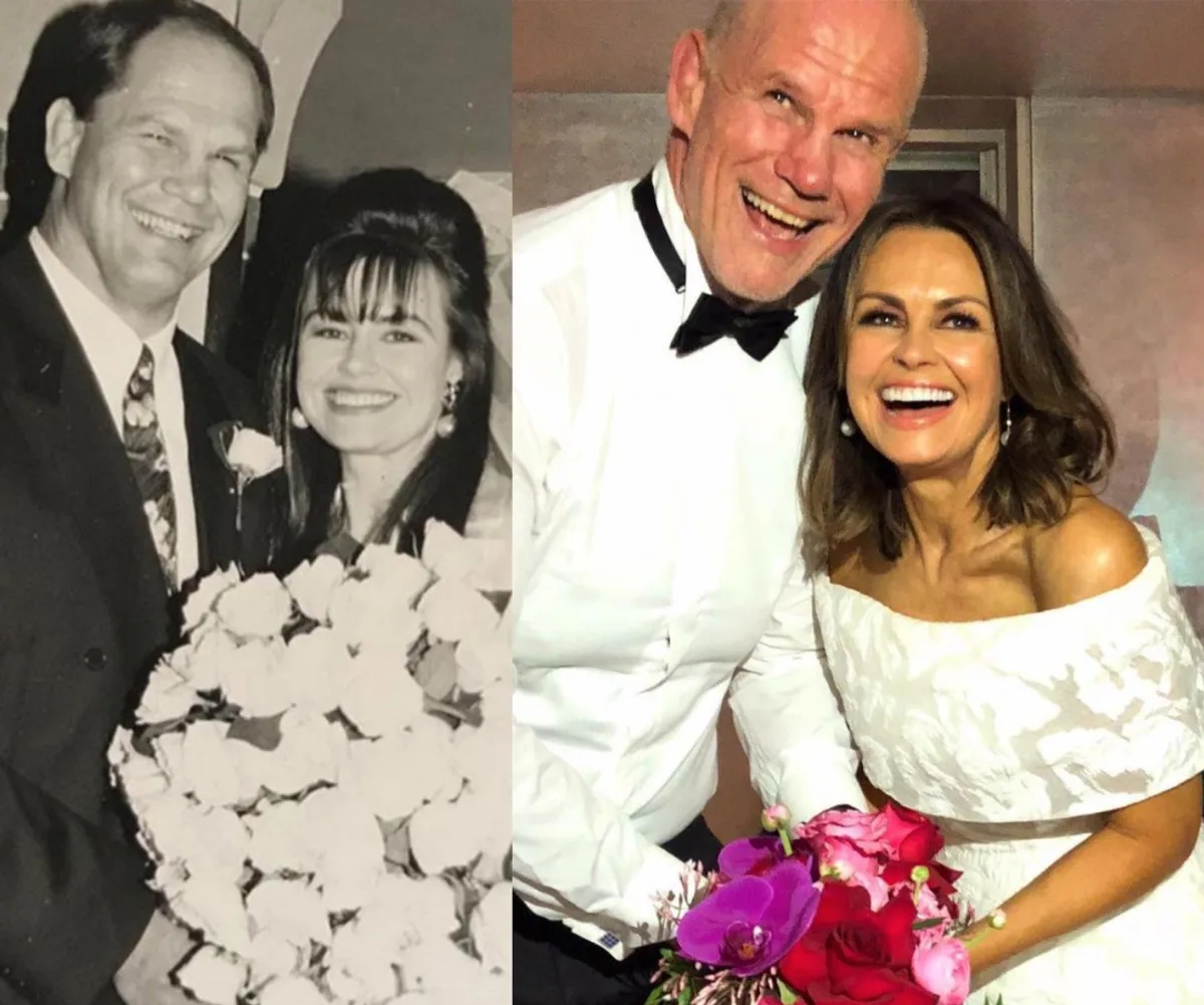 Couple's side-by-side wedding photos: left in black and white, right in color with smiles and bouquets.