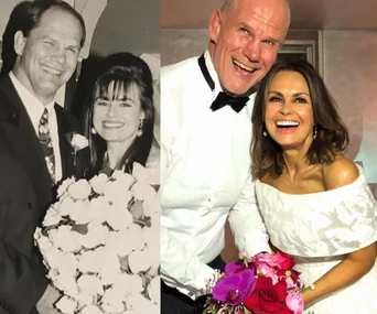 Couple's side-by-side wedding photos: left in black and white, right in color with smiles and bouquets.