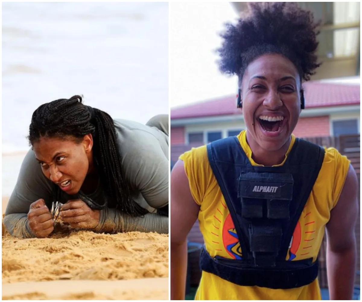 Two images of a woman in athletic activities: one crawling on sand, the other smiling in a yellow shirt with weight vest.