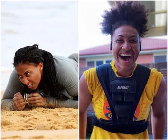 Two images of a woman in athletic activities: one crawling on sand, the other smiling in a yellow shirt with weight vest.