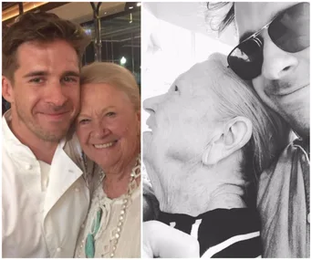 Two photos show a man with a smiling elderly woman. In one, the man wears a chef's coat; in the other, sunglasses.