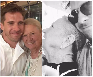 Two photos show a man with a smiling elderly woman. In one, the man wears a chef's coat; in the other, sunglasses.