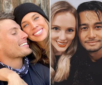 "Two couples smiling closely in side-by-side portraits, featuring casual and cozy settings."