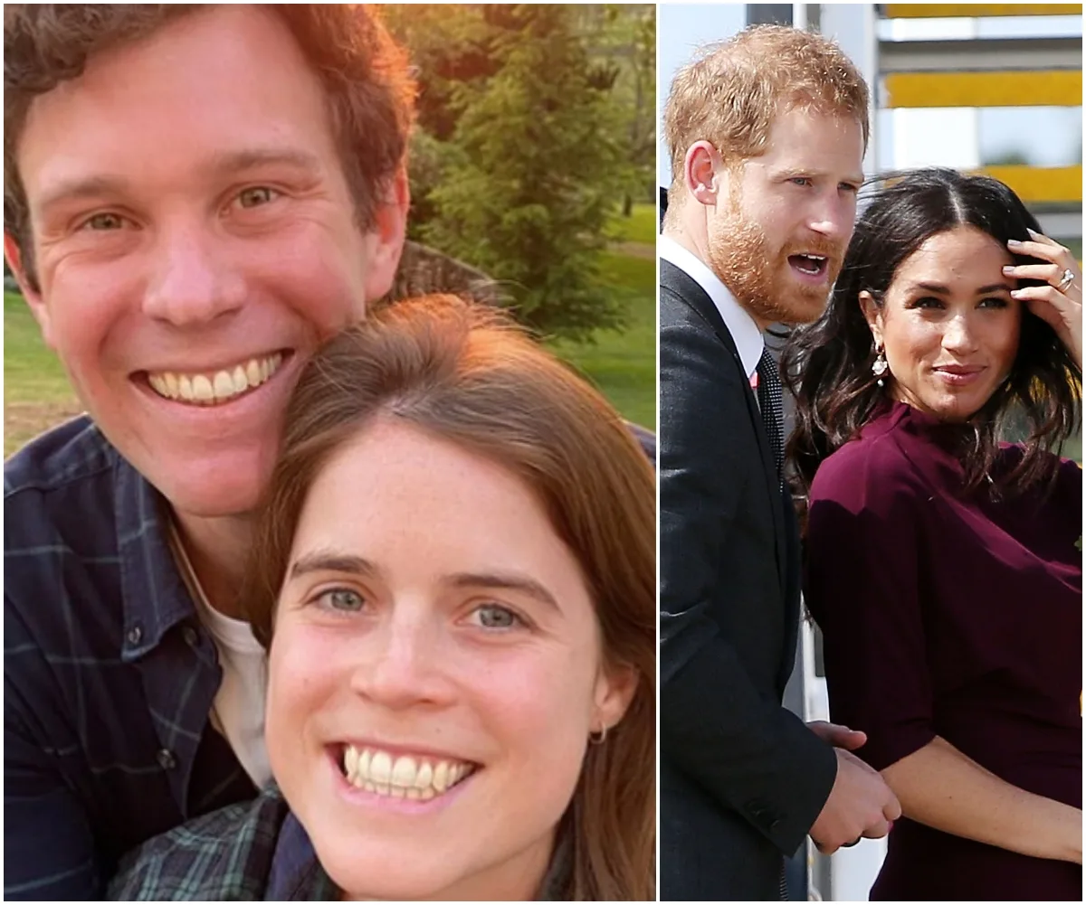 "Princess Eugenie and Jack Brooksbank smiling outdoors; couple on right in formal attire."