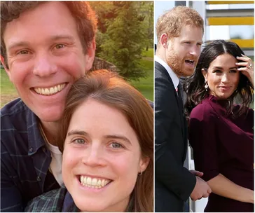 "Princess Eugenie and Jack Brooksbank smiling outdoors; couple on right in formal attire."