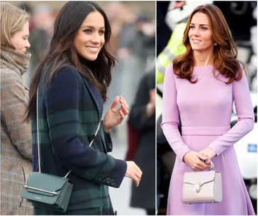 Women in stylish outfits, left in a plaid coat with a green handbag, right in a lilac dress holding a beige handbag.