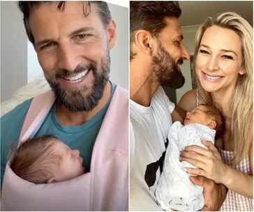 Man with baby in carrier; couple smiling at newborn wrapped in blanket.