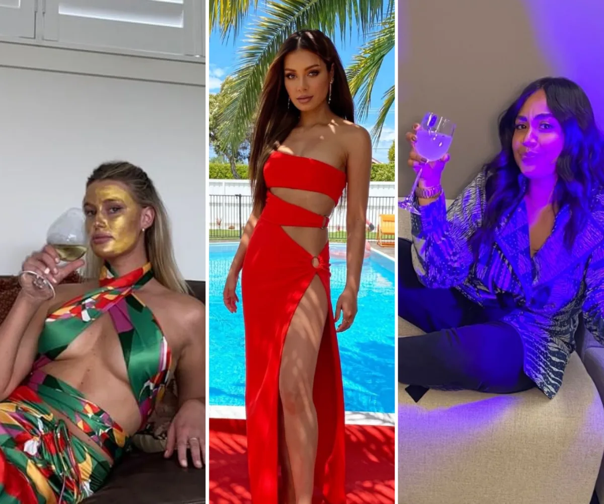 Three women in stylish outfits on the couch, by a pool, and seated, holding drinks; wearing vibrant dresses.