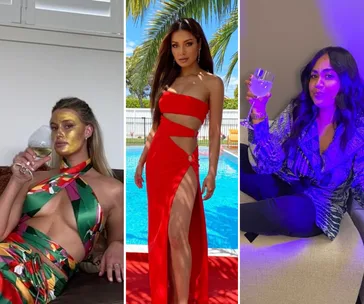 Three women in stylish outfits on the couch, by a pool, and seated, holding drinks; wearing vibrant dresses.