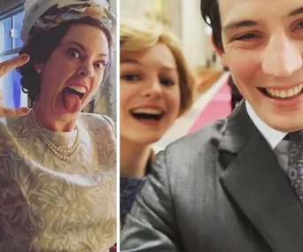 Behind-the-scenes of "The Crown" with actors in costume, playfully posing for a selfie on set.