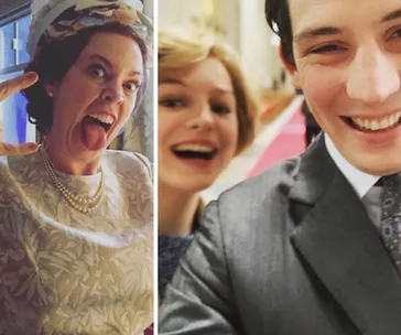 Behind-the-scenes of "The Crown" with actors in costume, playfully posing for a selfie on set.