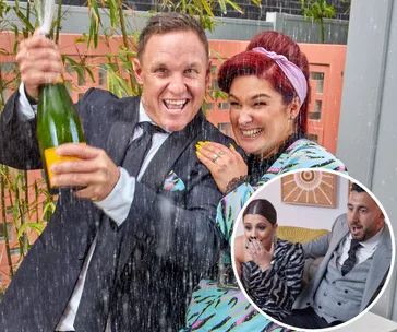 Couple celebrating with champagne, inset of surprised pair on couch.