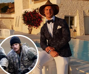 Man in formal attire by a pool with a hat, inset shows him in camouflage gear, highlighting transformation.