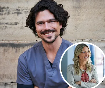 Smiling man in scrubs with inset of woman in casual clothes from "Home and Away" scene.