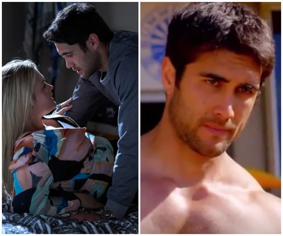 A couple shares an intimate moment in the first image; a shirtless man looks intense in the second, from "Home and Away" scene.