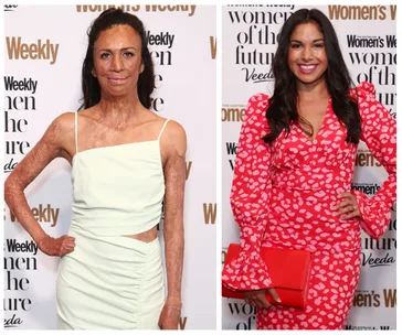 Two women posing at the Women of the Future 2020 red carpet; one in a light dress, the other in a pink patterned outfit.