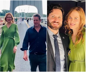 Nicole Kidman in green dress on a bridge, walking with a man; smiling in a second photo with a different man in a suit.