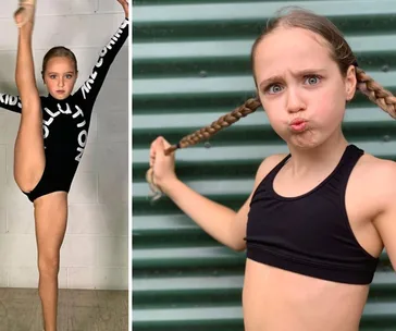 A young girl performs a dance pose with a high kick on the left; on the right, she playfully pulls her braided hair.