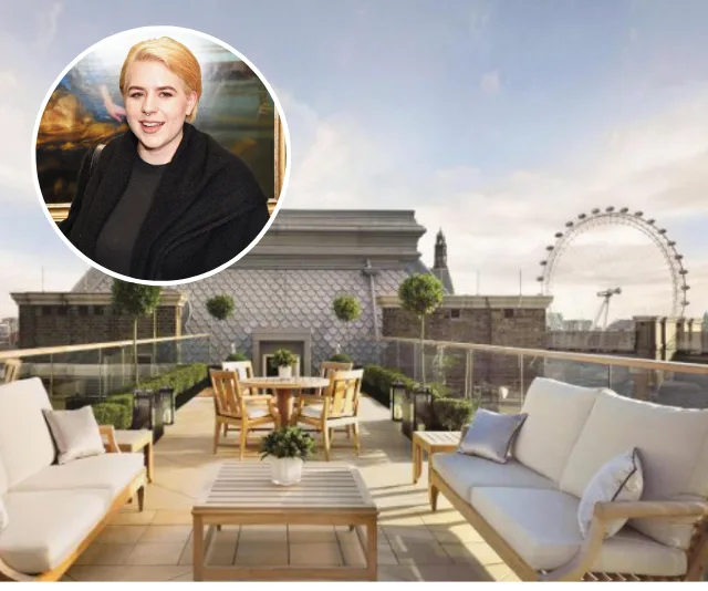 Rooftop terrace with seating, London Eye visible; inset shows a person smiling.