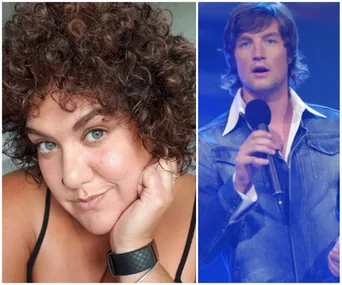 Two images side by side: on the left, a woman with curly hair resting her chin on her hand; on the right, a man singing.