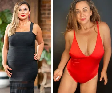 Two images of a woman showing weight loss. Left: Black dress, right: Red swimsuit.