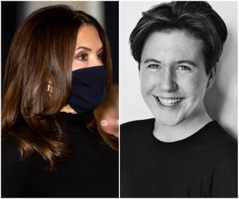 Left image: Woman in dark clothes and mask. Right image: Young person smiling in black and white portrait.