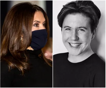Left image: Woman in dark clothes and mask. Right image: Young person smiling in black and white portrait.
