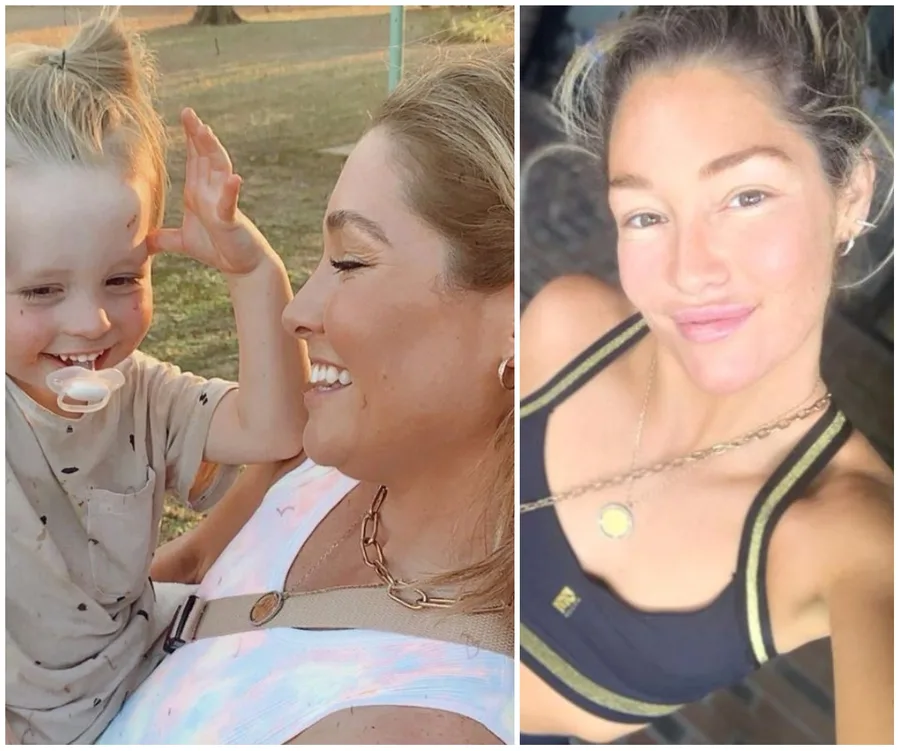 "Image shows two photos: a smiling woman with a child outdoors, and another woman in a sports bra smiling at the camera."