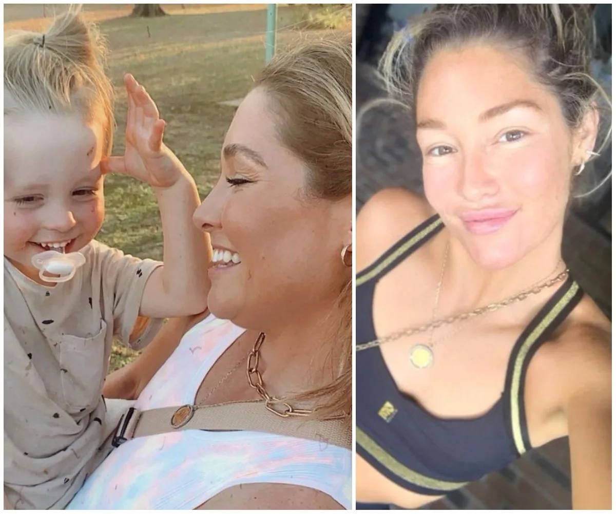"Image shows two photos: a smiling woman with a child outdoors, and another woman in a sports bra smiling at the camera."