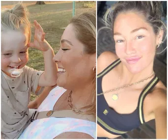 "Image shows two photos: a smiling woman with a child outdoors, and another woman in a sports bra smiling at the camera."
