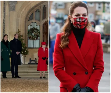 Royal family event: Two images showing royals at a Christmas tour, one with a woman in red wearing a tartan mask.