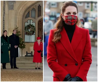Royal family event: Two images showing royals at a Christmas tour, one with a woman in red wearing a tartan mask.