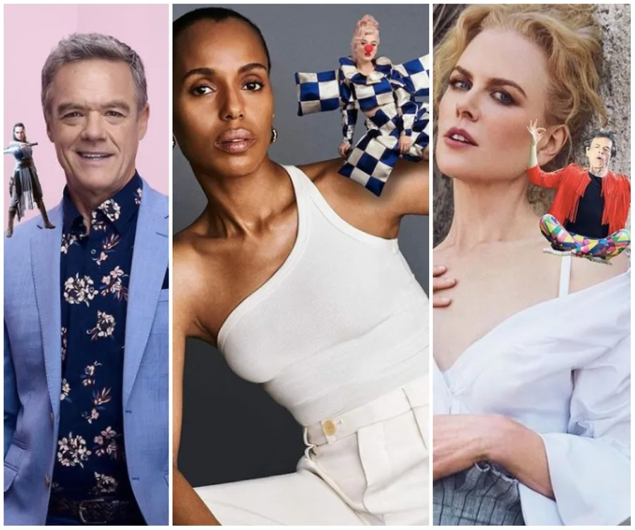 Celebrities with mini characters sitting on their shoulders, styled in an Elf-on-the-Shelf Instagram parody trend.