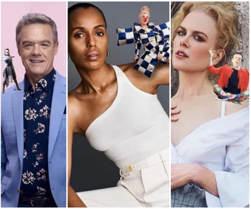 Celebrities with mini characters sitting on their shoulders, styled in an Elf-on-the-Shelf Instagram parody trend.