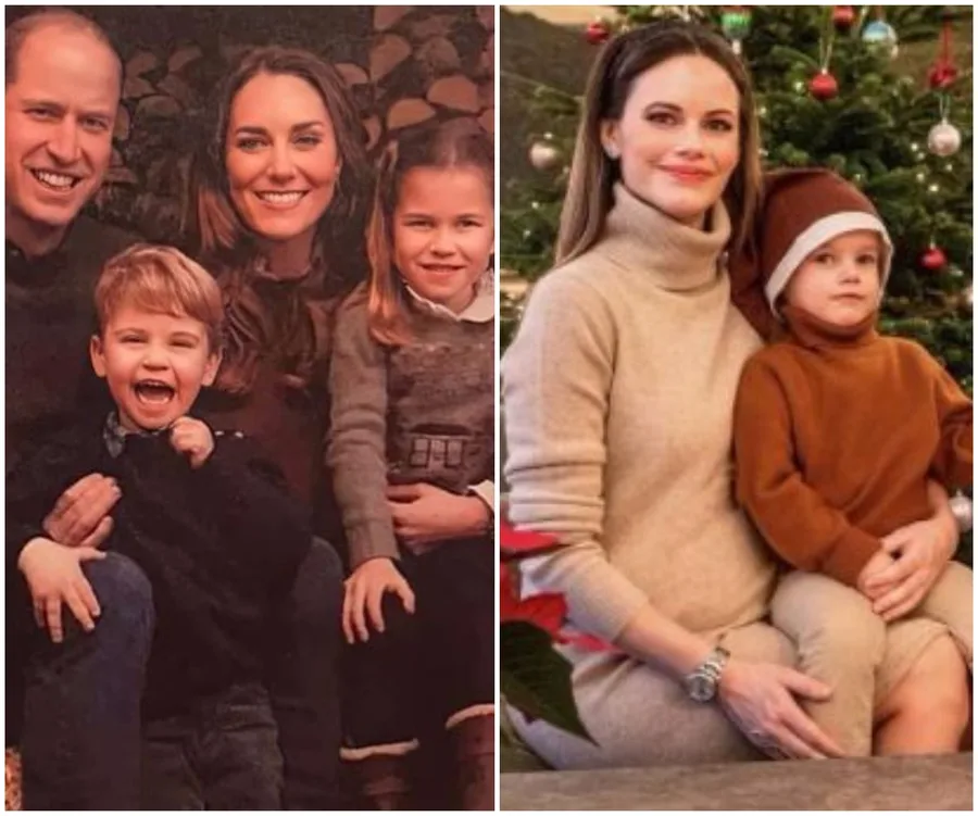 Royal family Christmas card featuring smiling family in cozy attire and holiday setting.